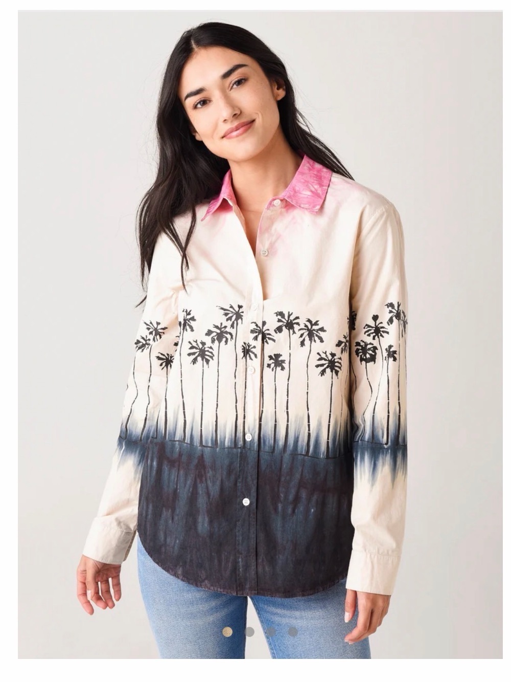 Le Superbe Ombre Tie-Dye Palm Print Button-Up Shirt in Pink and Black Sz XS